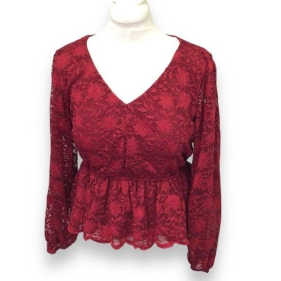 Maurices Women’s Lace Peplum Top Blouse V-Neck Long Sleeve Dressy Holiday Red XL - Picture 2 of 9